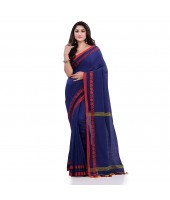 Women`s Traditional Bengali Tant Handloom Cotton Saree Loveria Design With Blouse Piece(Deep Blue)